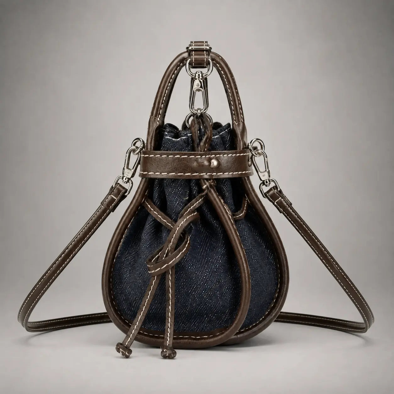 The Elowen Denim-Leather Mini Bucket Bag — Dark Indigo — front