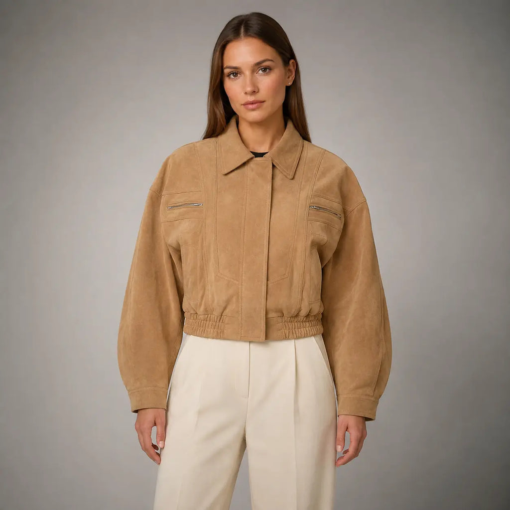The Elara Cropped Suede Jacket in Camel — front