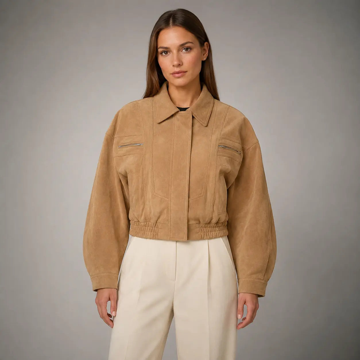 The Elara Cropped Suede Jacket in Camel — front