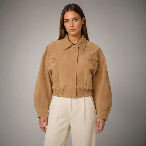 The Elara Cropped Suede Jacket in Camel — front