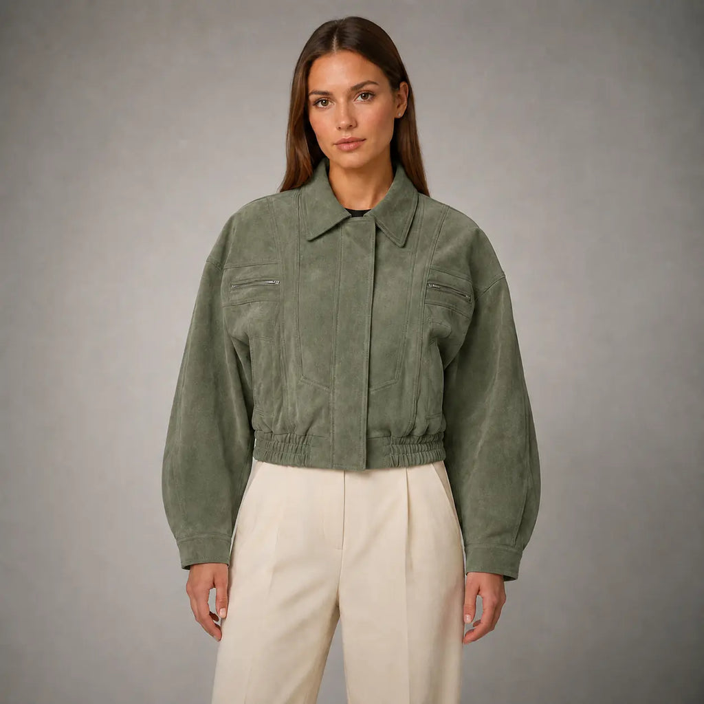 The Elara Cropped Suede Jacket in Muted Olive — front