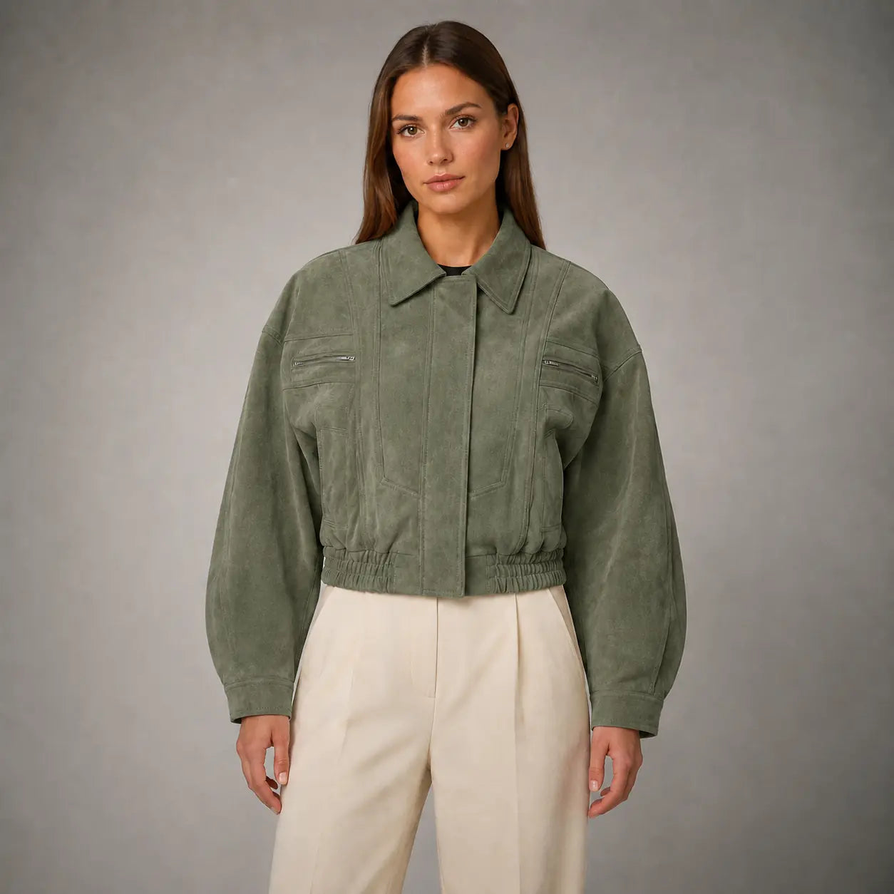 The Elara Cropped Suede Jacket in Muted Olive — front