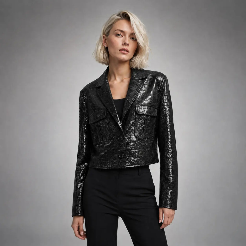 The Vivienne Croc-Embossed Blazer in Black — front