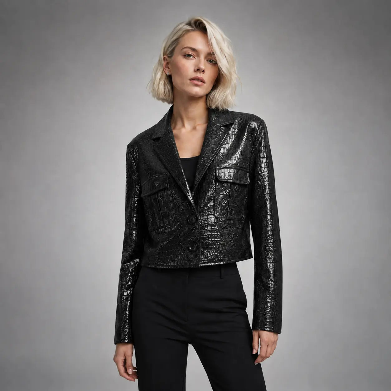 The Vivienne Croc-Embossed Blazer in Black — front