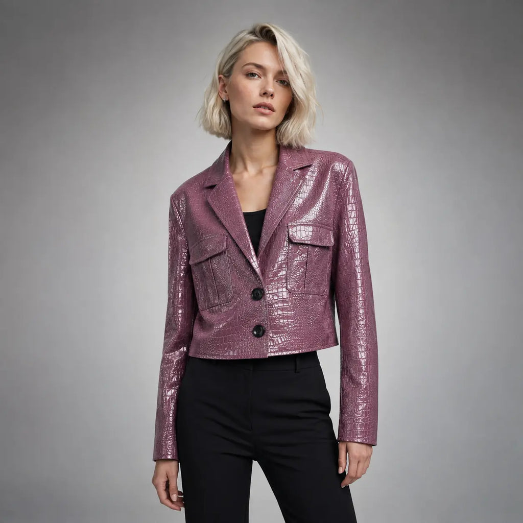 The Vivienne Croc-Embossed Blazer in Plum — front