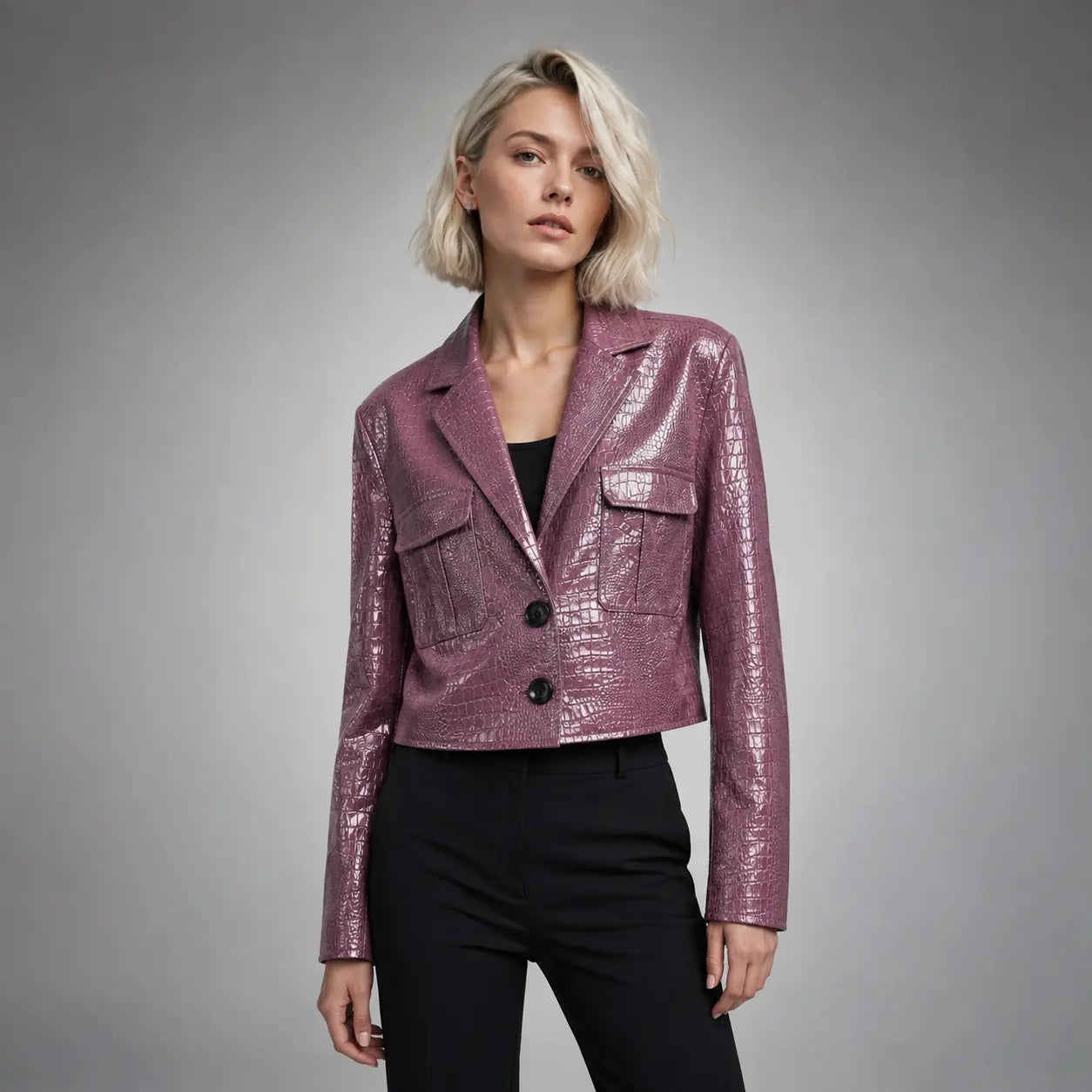 The Vivienne Croc-Embossed Blazer in Plum — front