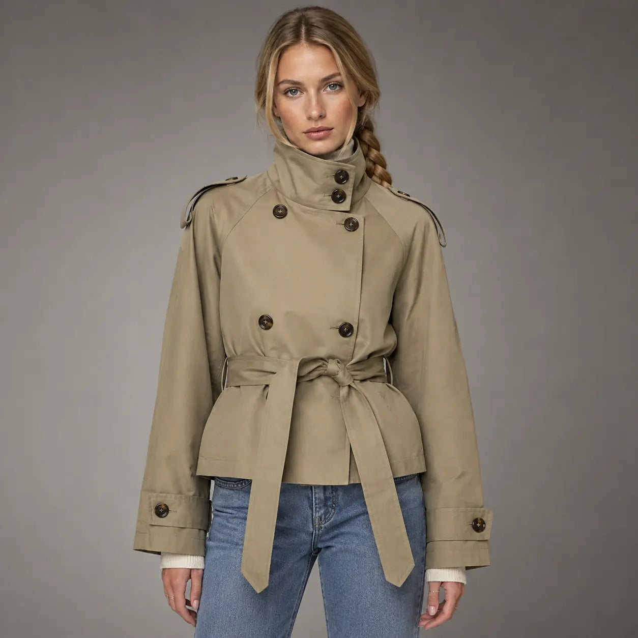 The Marlow Cropped Trench Jacket in Khaki — front