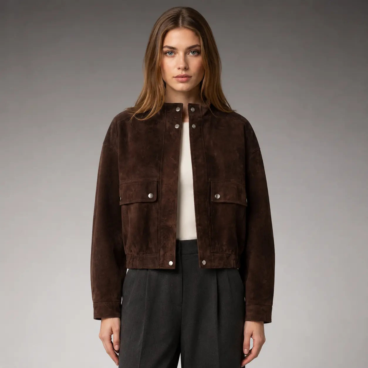 The Bexley Cropped Suede Utility Jacket in Dark Brown — front