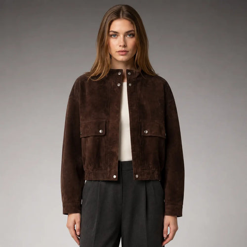 The Bexley Cropped Suede Utility Jacket in Dark Brown — front