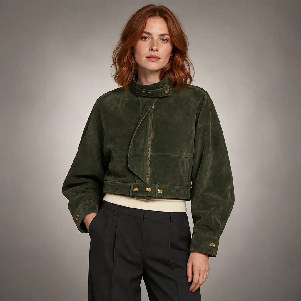 The Arden Asymmetric Suede Jacket in Forest Green — front
