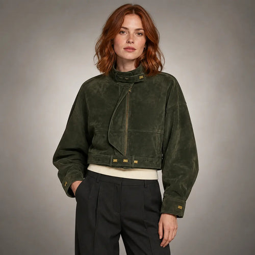 The Arden Asymmetric Suede Jacket in Forest Green — front