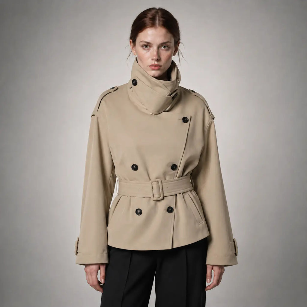 The Rowan Belted High-Neck Jacket in Light Warm Khaki — front