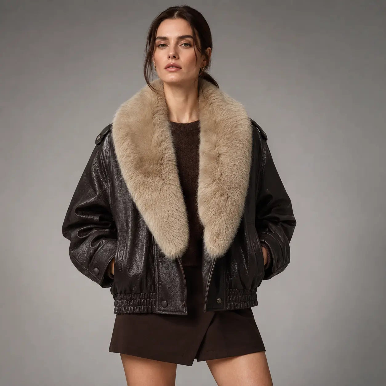 The Wren Faux-Fur Aviator in Espresso Brown — front