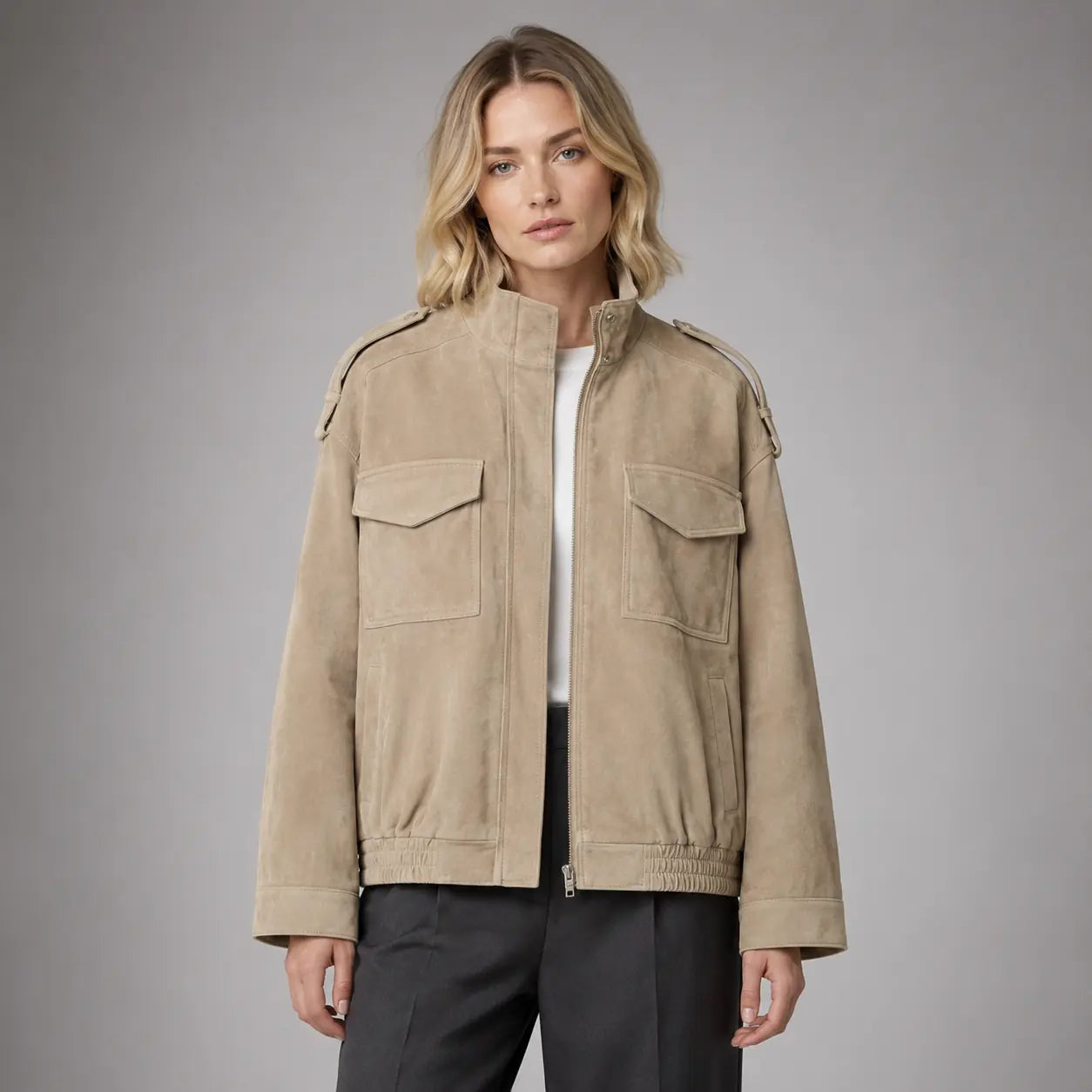 The Hadley Oversized Suede Utility Jacket in Beige — front