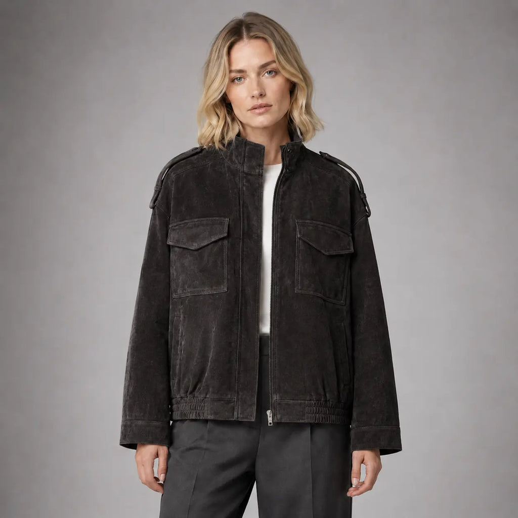 The Hadley Oversized Suede Utility Jacket in Charcoal — front