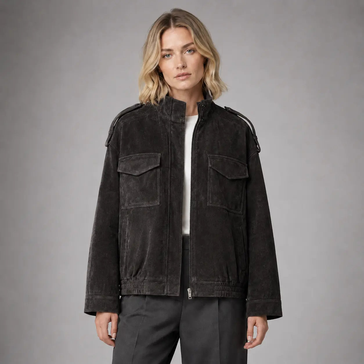 The Hadley Oversized Suede Utility Jacket in Charcoal — front