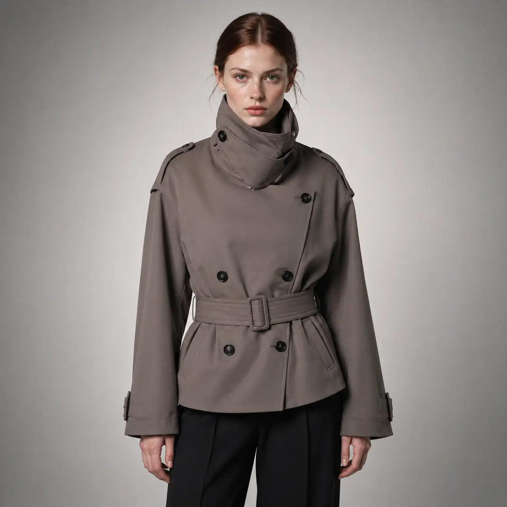 The Rowan Belted High-Neck Jacket in Brown Grey — front