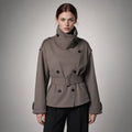 The Rowan Belted High-Neck Jacket in Brown Grey — front