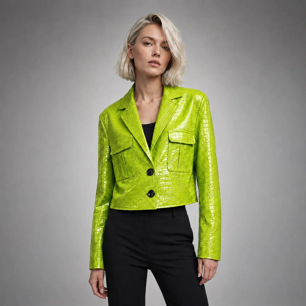 The Vivienne Croc-Embossed Blazer in Lime Green — front