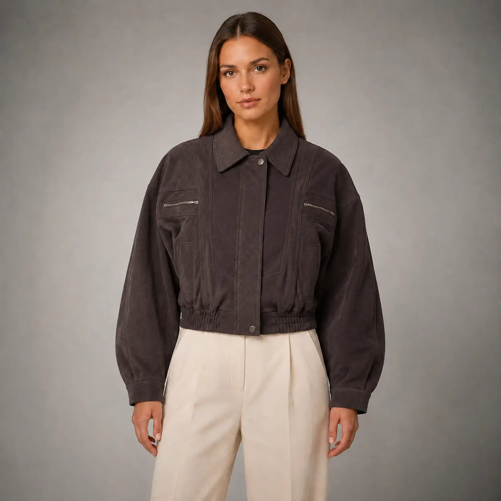 The Elara Cropped Suede Jacket in Plum Brown — front