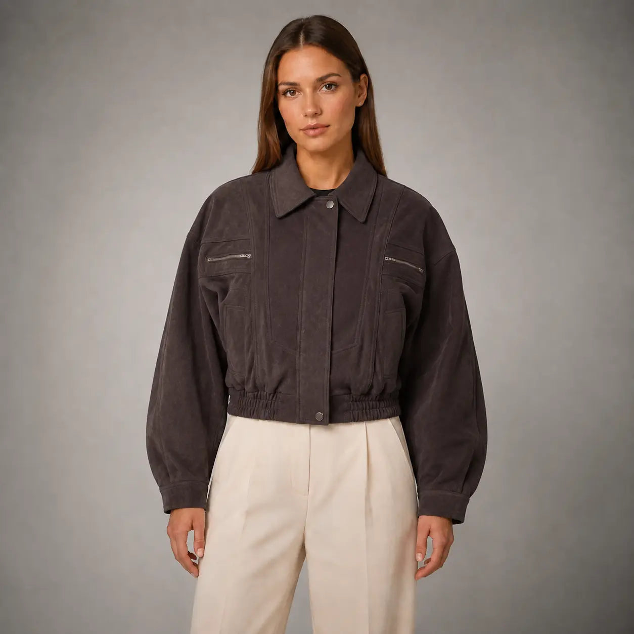 The Elara Cropped Suede Jacket in Plum Brown — front