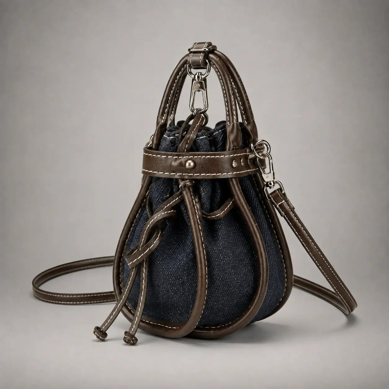 The Elowen Denim-Leather Mini Bucket Bag — Dark Indigo — three-quarter