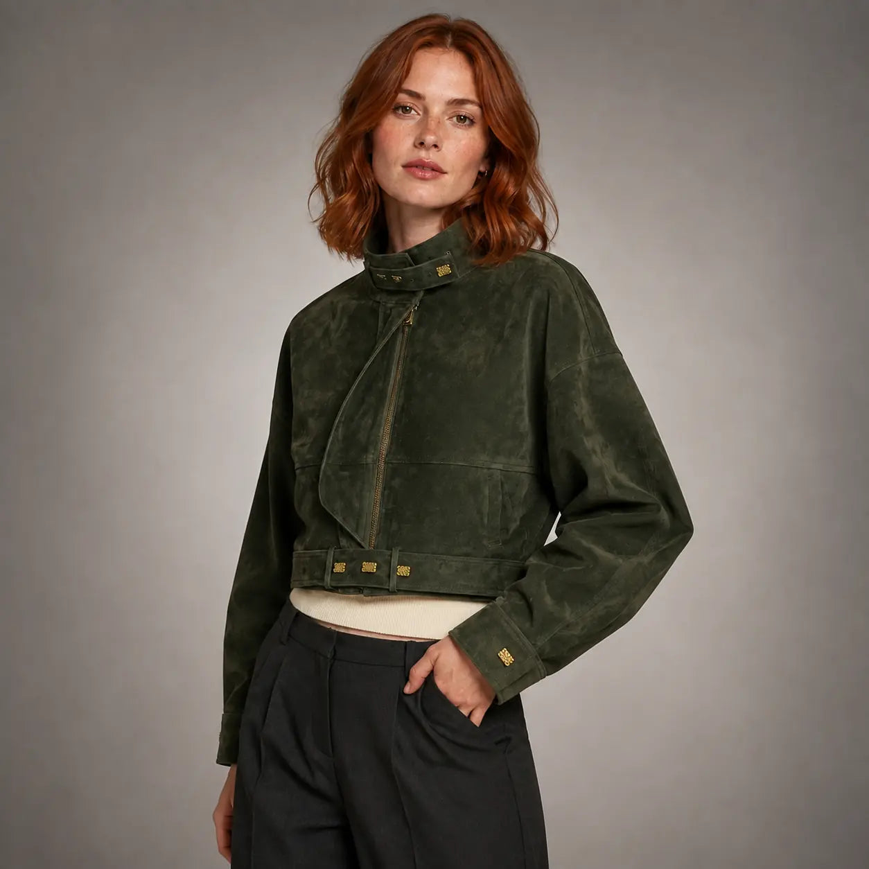 The Arden Asymmetric Suede Jacket in Forest Green — second view