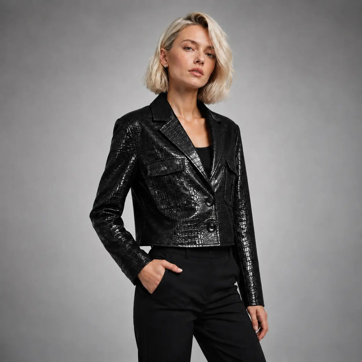 The Vivienne Croc-Embossed Blazer in Black — second view