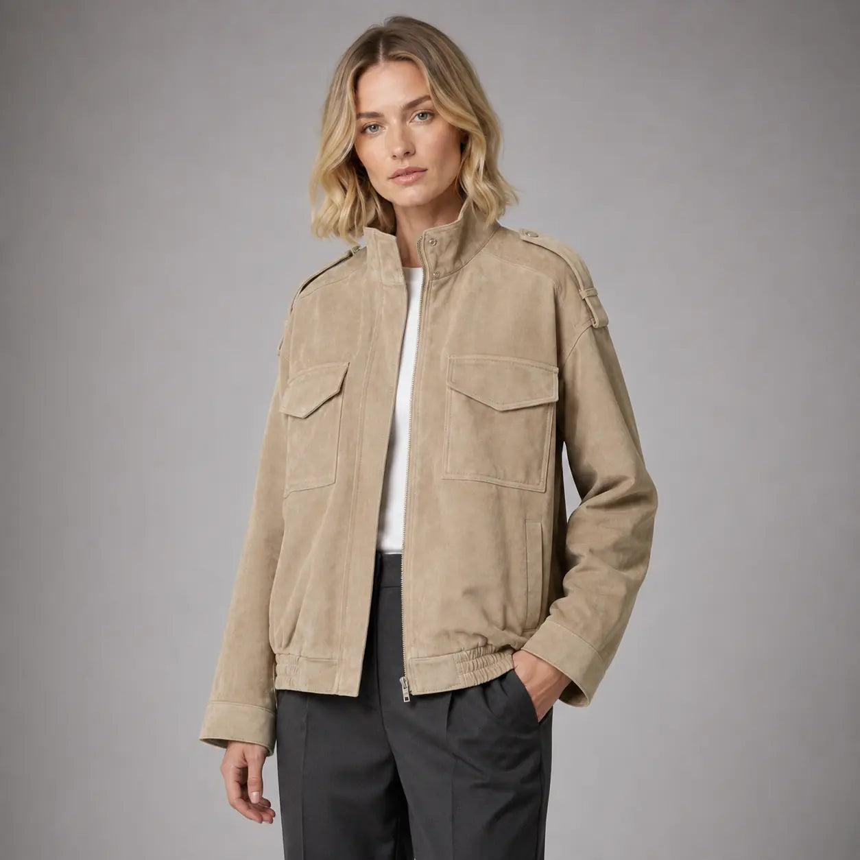 The Hadley Oversized Suede Utility Jacket in Beige — second view