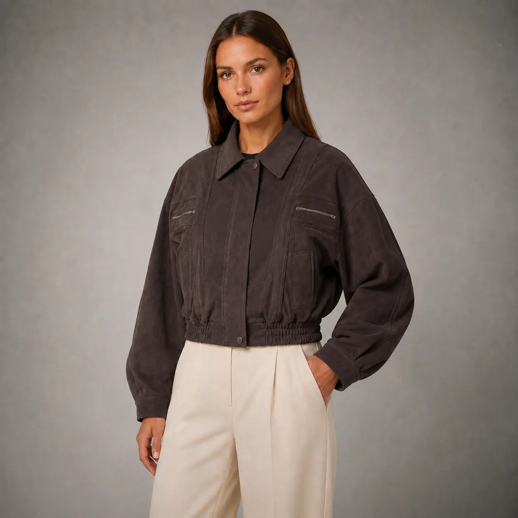 The Elara Cropped Suede Jacket in Plum Brown — second view