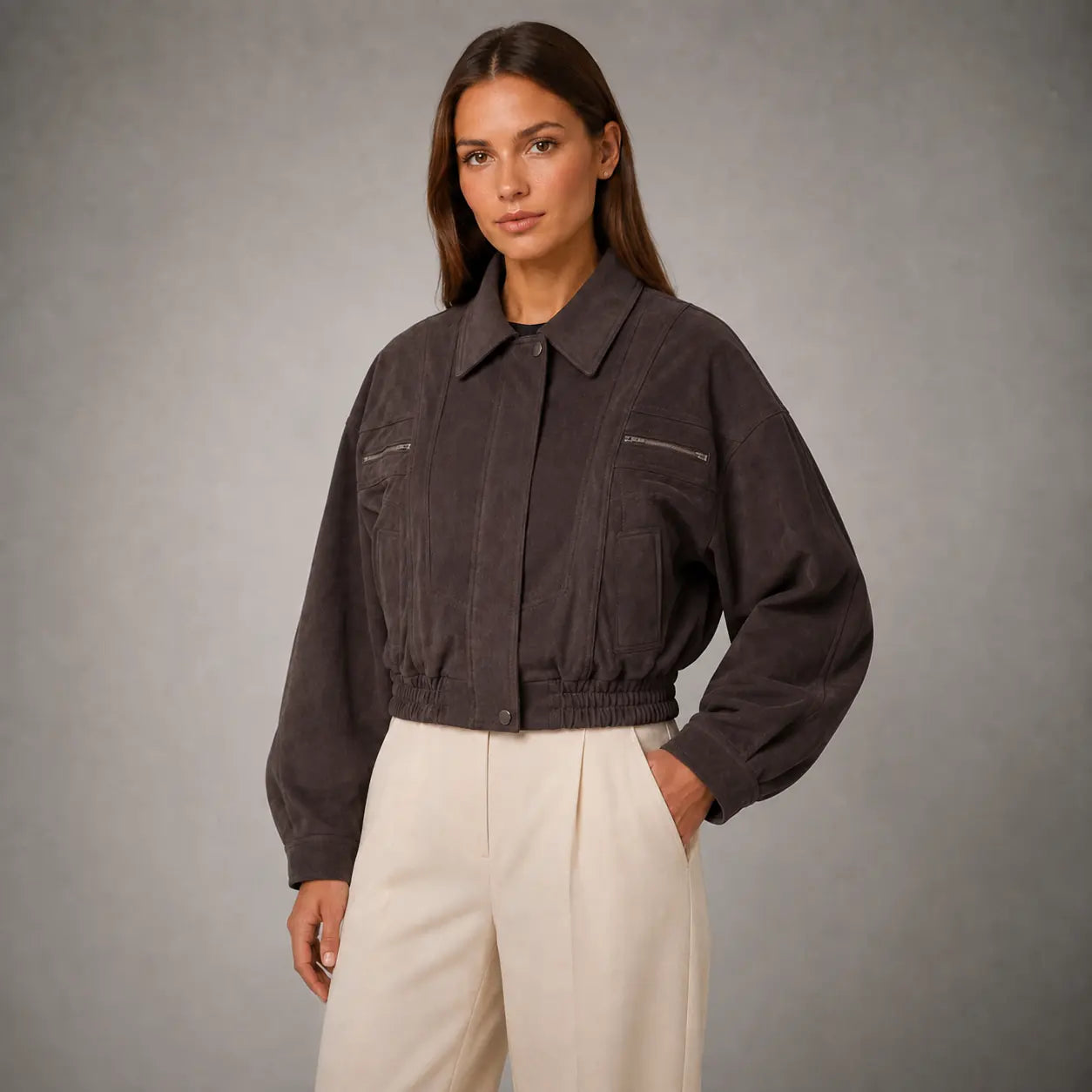 The Elara Cropped Suede Jacket in Plum Brown — second view