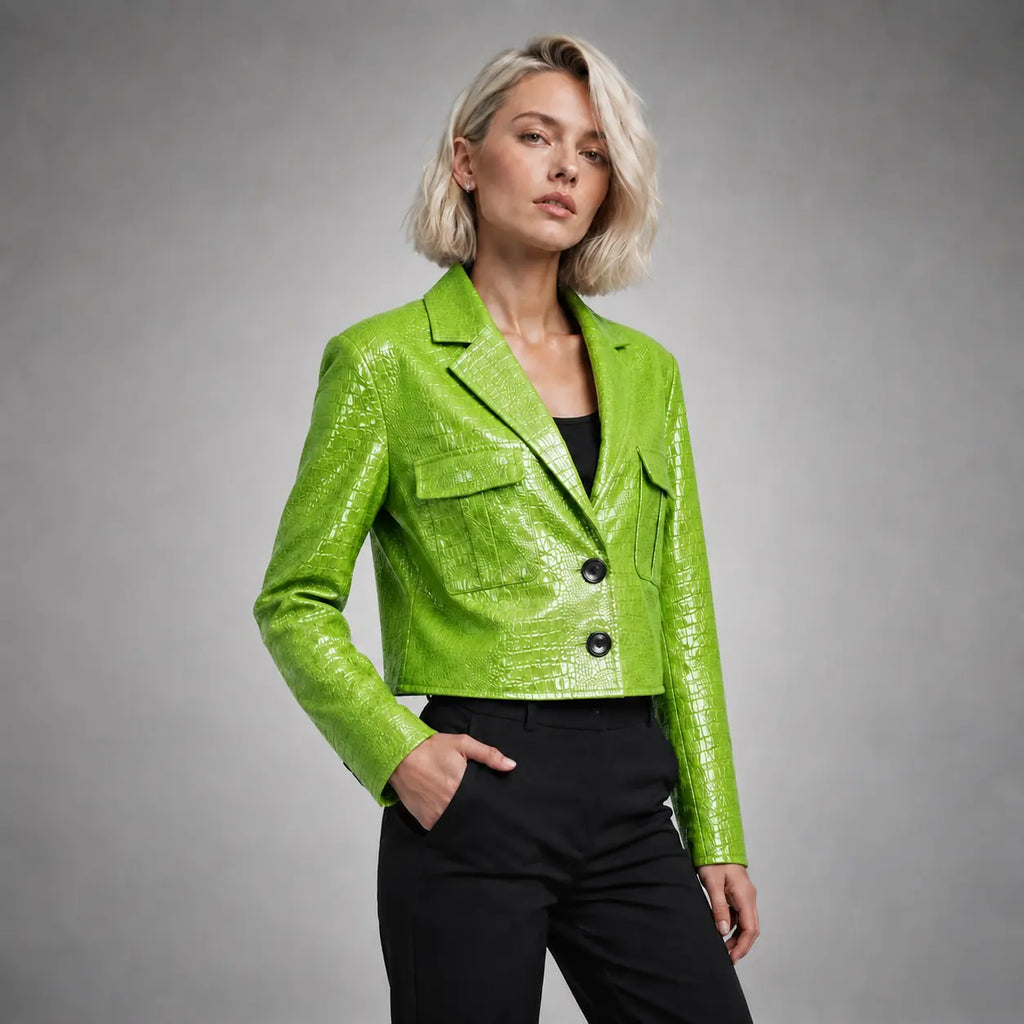 The Vivienne Croc-Embossed Blazer in Lime Green — second view