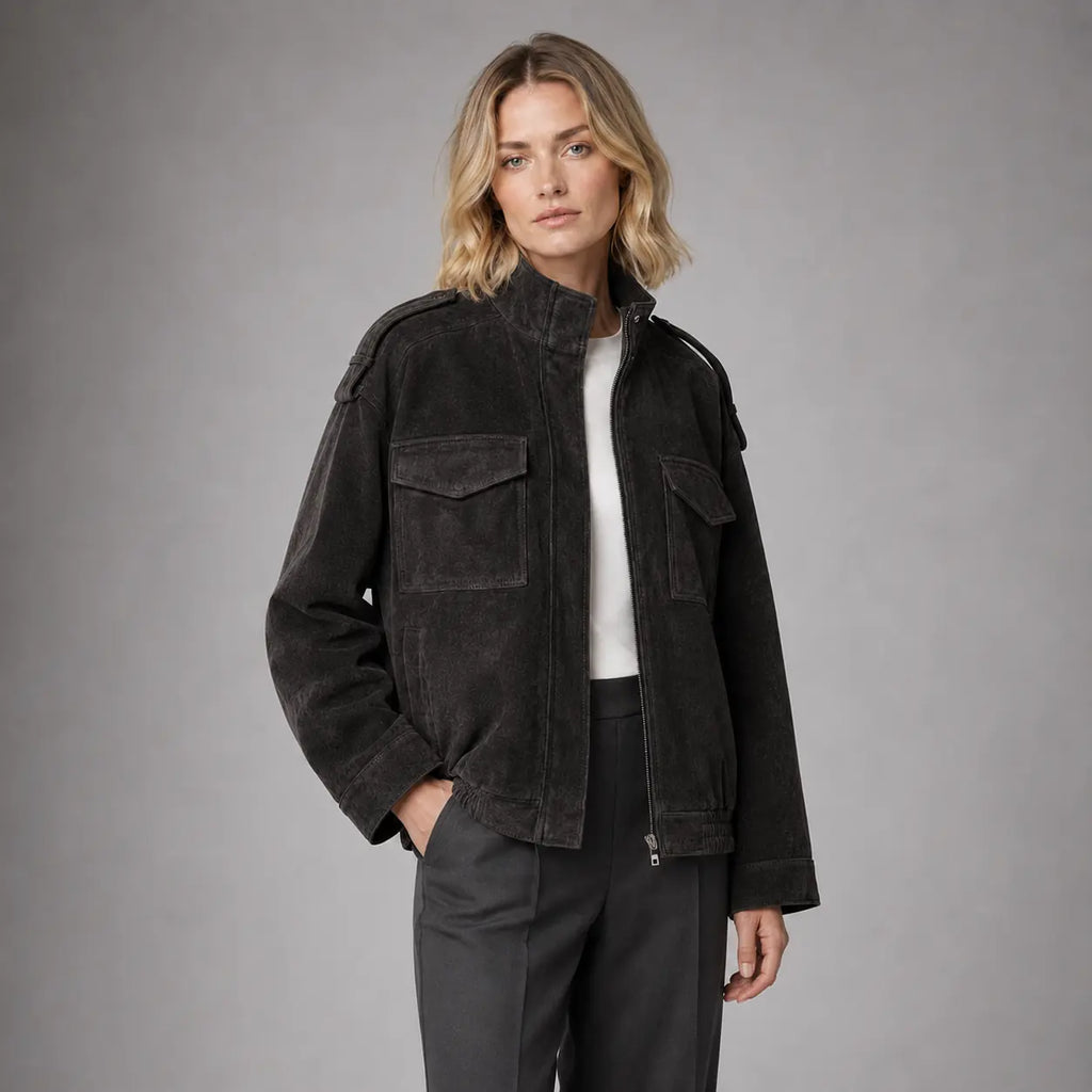 The Hadley Oversized Suede Utility Jacket in Charcoal — second view