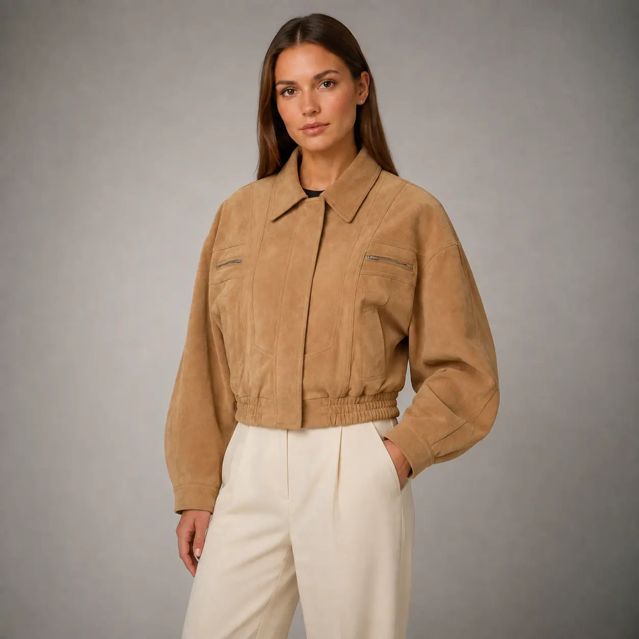 The Elara Cropped Suede Jacket in Camel — second view