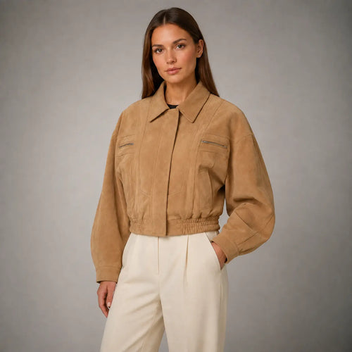 The Elara Cropped Suede Jacket in Camel — second view