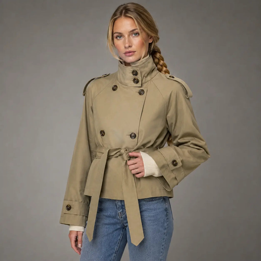 The Marlow Cropped Trench Jacket in Khaki — second view