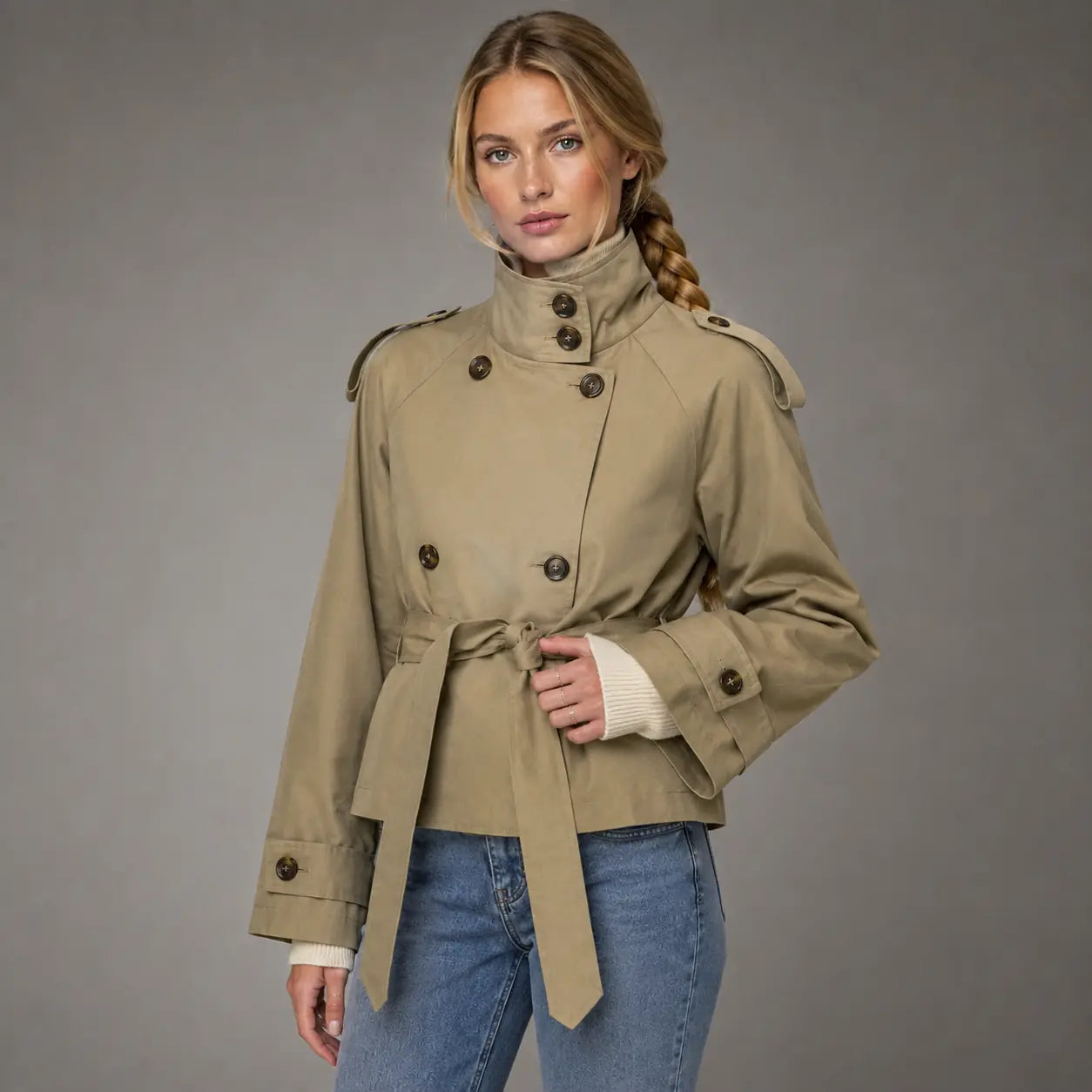 The Marlow Cropped Trench Jacket in Khaki — second view