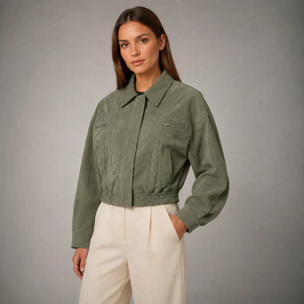 The Elara Cropped Suede Jacket in Muted Olive — second view