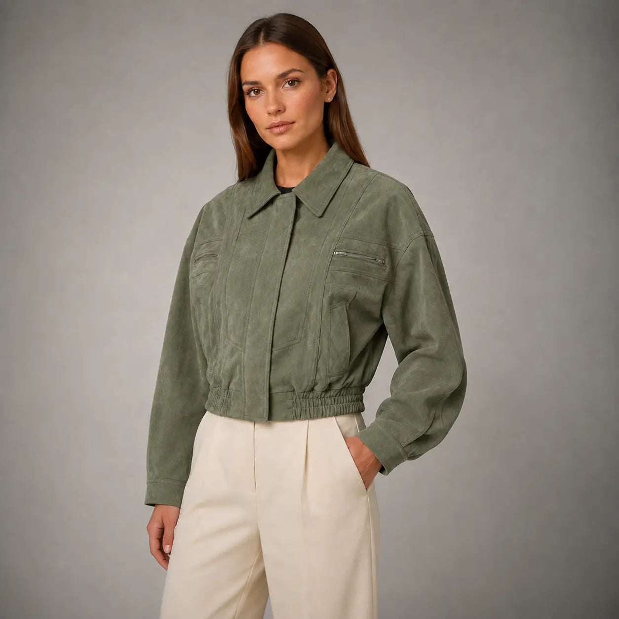 The Elara Cropped Suede Jacket in Muted Olive — second view