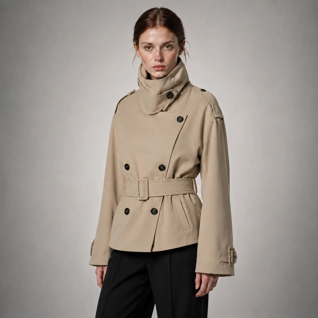 The Rowan Belted High-Neck Jacket in Light Warm Khaki — second view