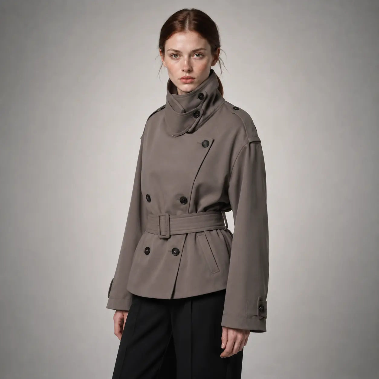 The Rowan Belted High-Neck Jacket in Brown Grey — second view
