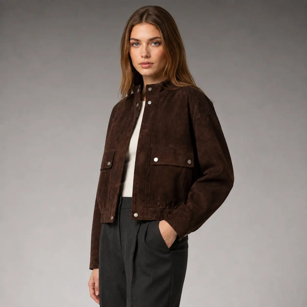 The Bexley Cropped Suede Utility Jacket in Dark Brown — second view