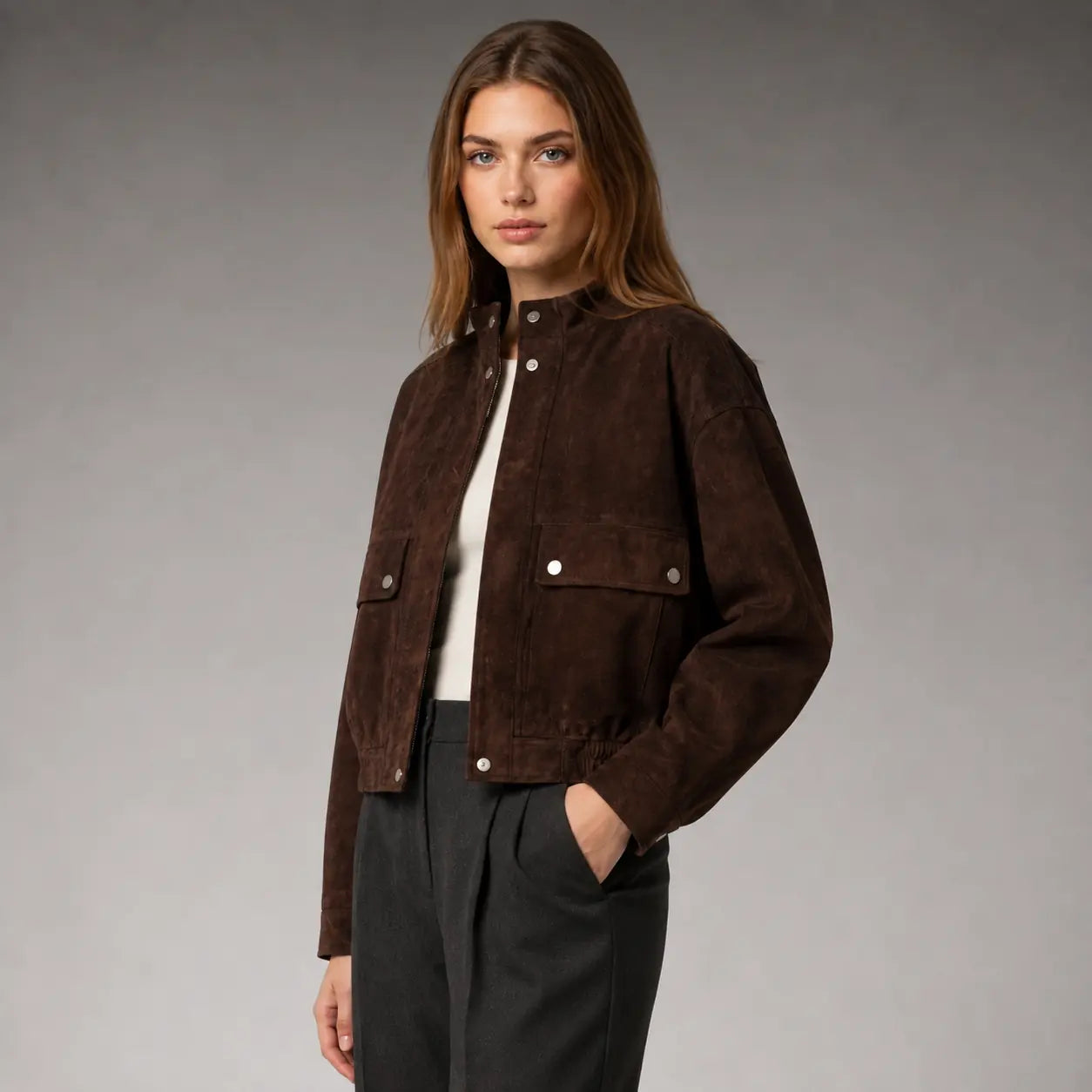 The Bexley Cropped Suede Utility Jacket in Dark Brown — second view