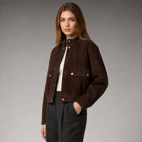 The Bexley Cropped Suede Utility Jacket in Dark Brown — second view
