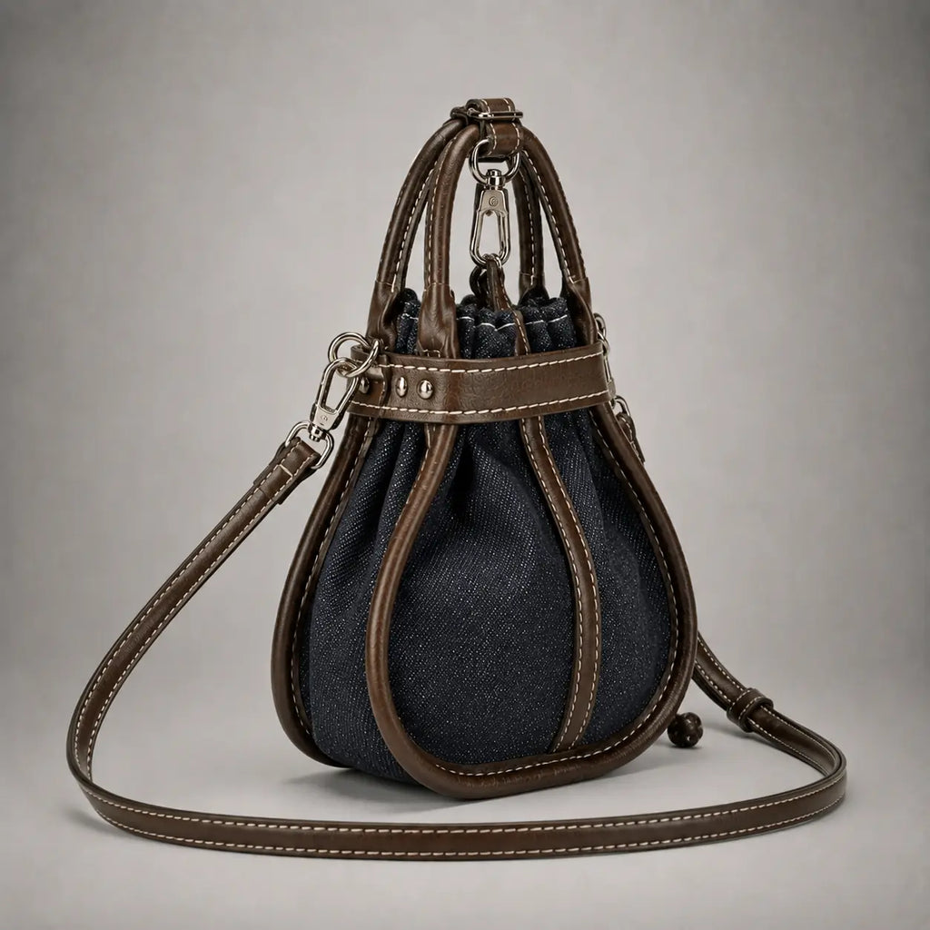The Elowen Denim-Leather Mini Bucket Bag — Dark Indigo — side and rear