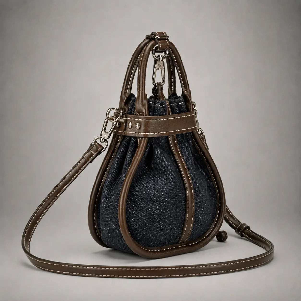 The Elowen Denim-Leather Mini Bucket Bag — Dark Indigo — side and rear