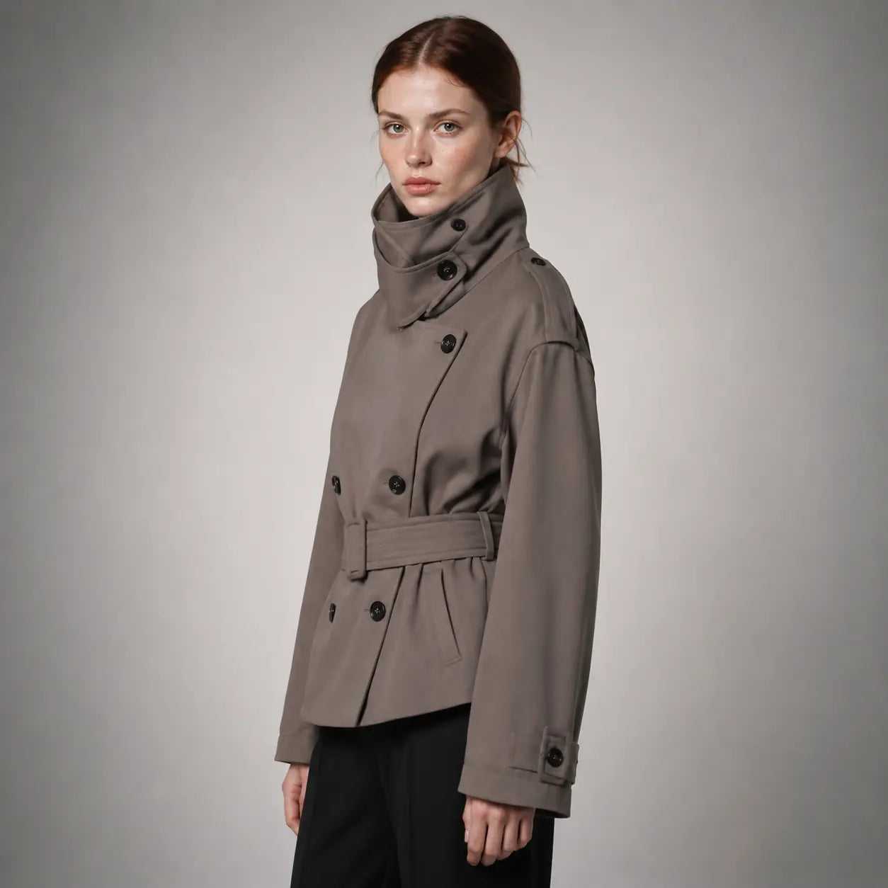 The Rowan Belted High-Neck Jacket in Brown Grey — side