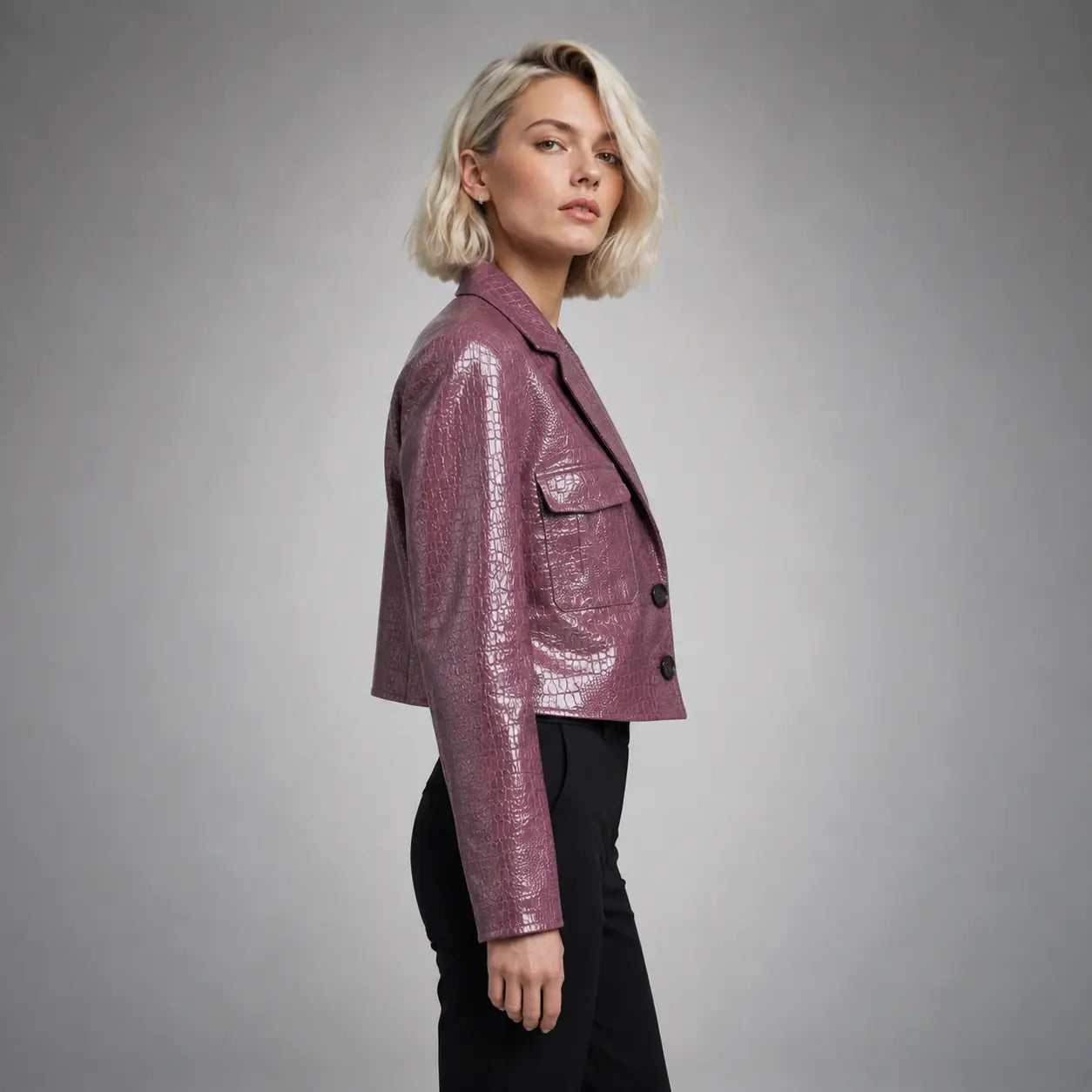 The Vivienne Croc-Embossed Blazer in Plum — side