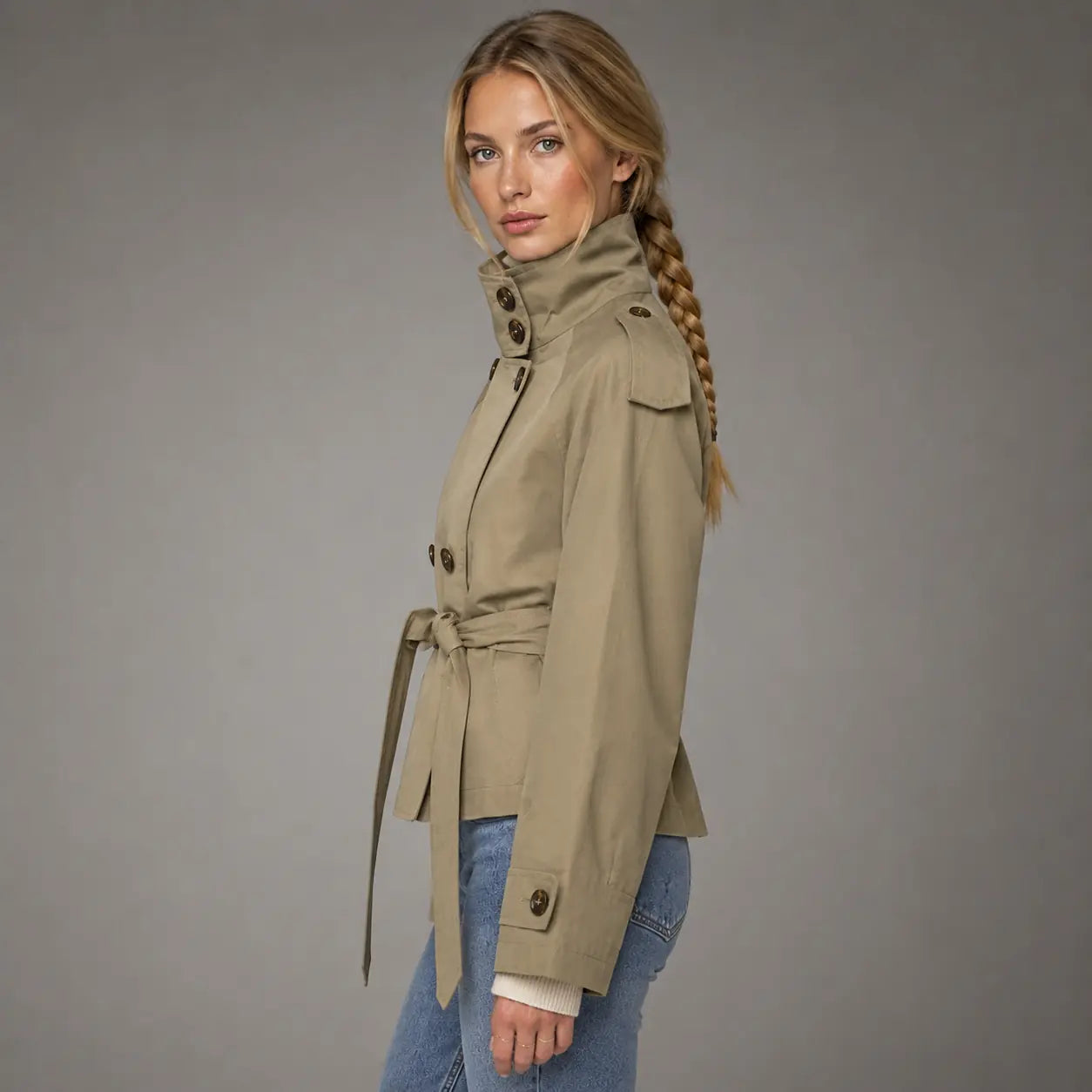 The Marlow Cropped Trench Jacket in Khaki — side