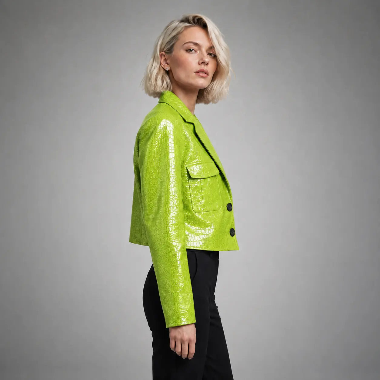The Vivienne Croc-Embossed Blazer in Lime Green — side